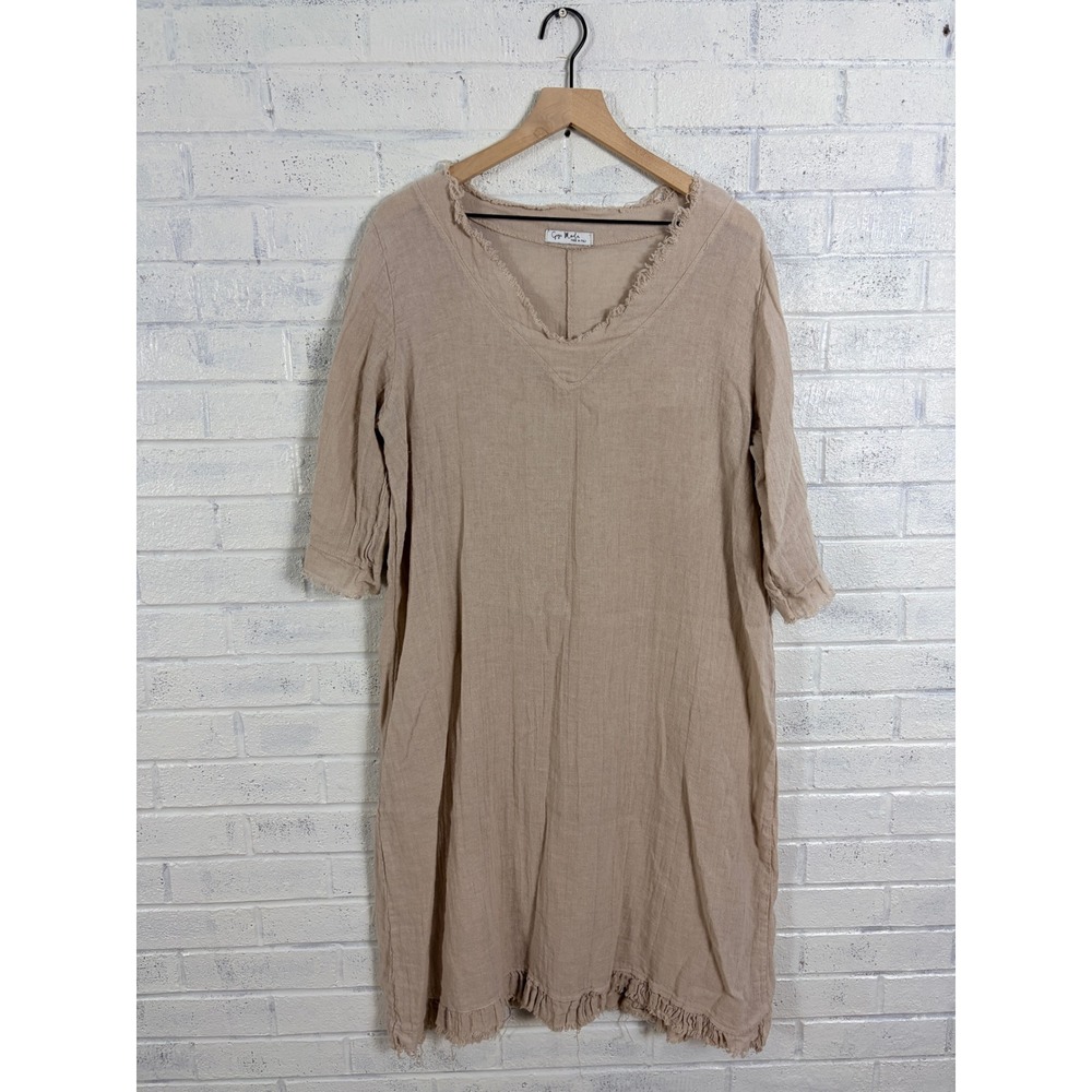 Gigi Moda Linen Tunic Dress Womens OS Tan Frayed Raw Edge Made in Italy V Neck